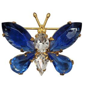 Butterfly Brooch Blue Colorless Glass Rhinestones Yellow Gold Plated Setting